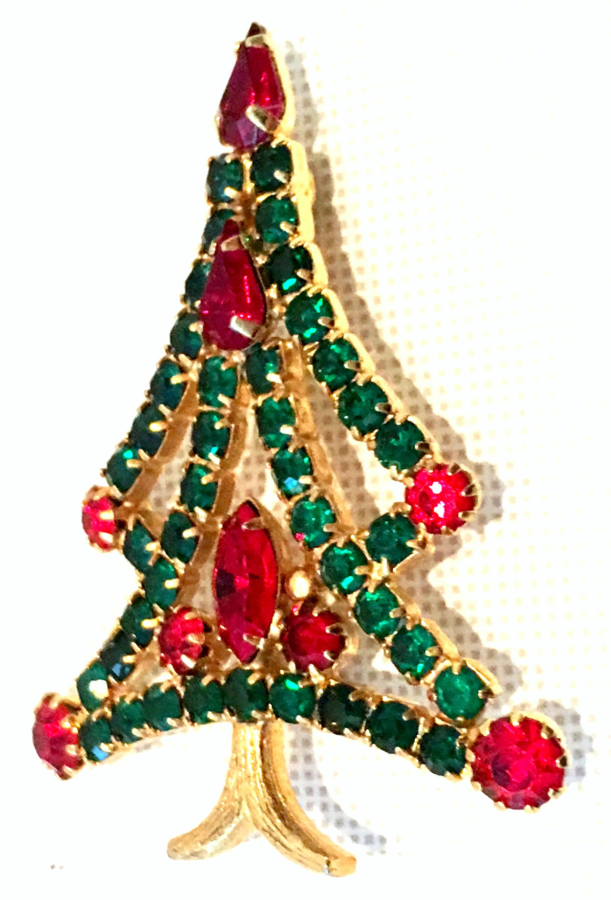 Women's or Men's 20th Century Gold & Austrian Crystal Christmas Tree Brooch For Sale