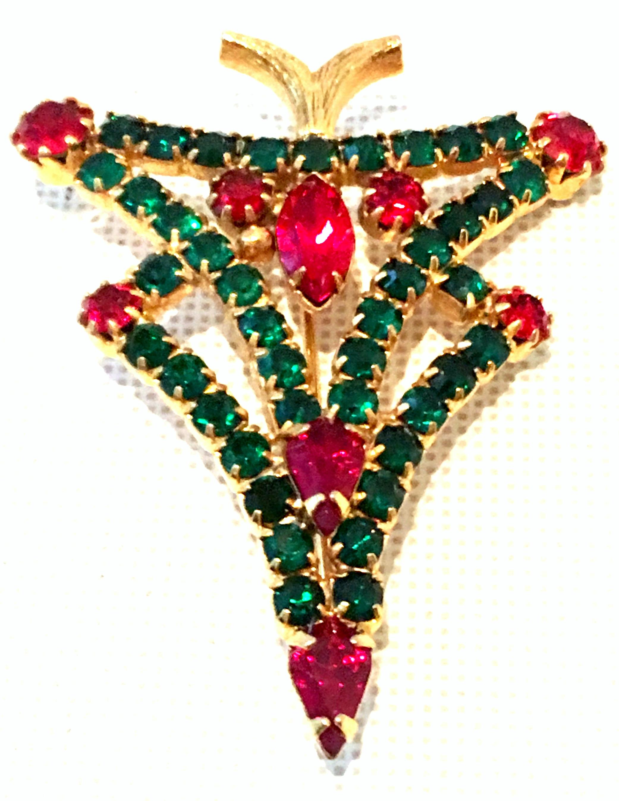 20th Century Gold & Austrian Crystal Christmas Tree Brooch In Good Condition In West Palm Beach, FL