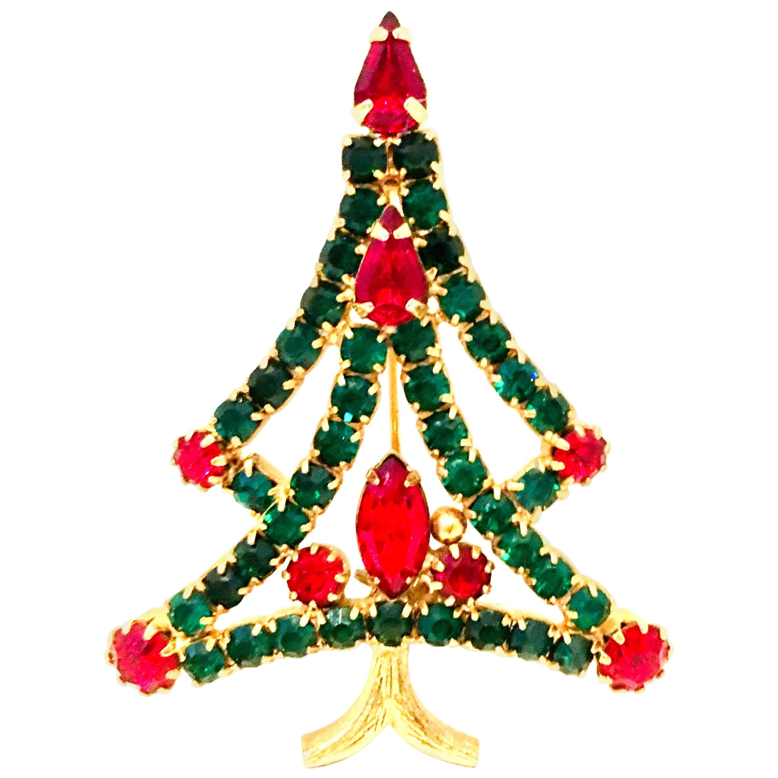 20th Century Gold & Austrian Crystal Christmas Tree Brooch For Sale