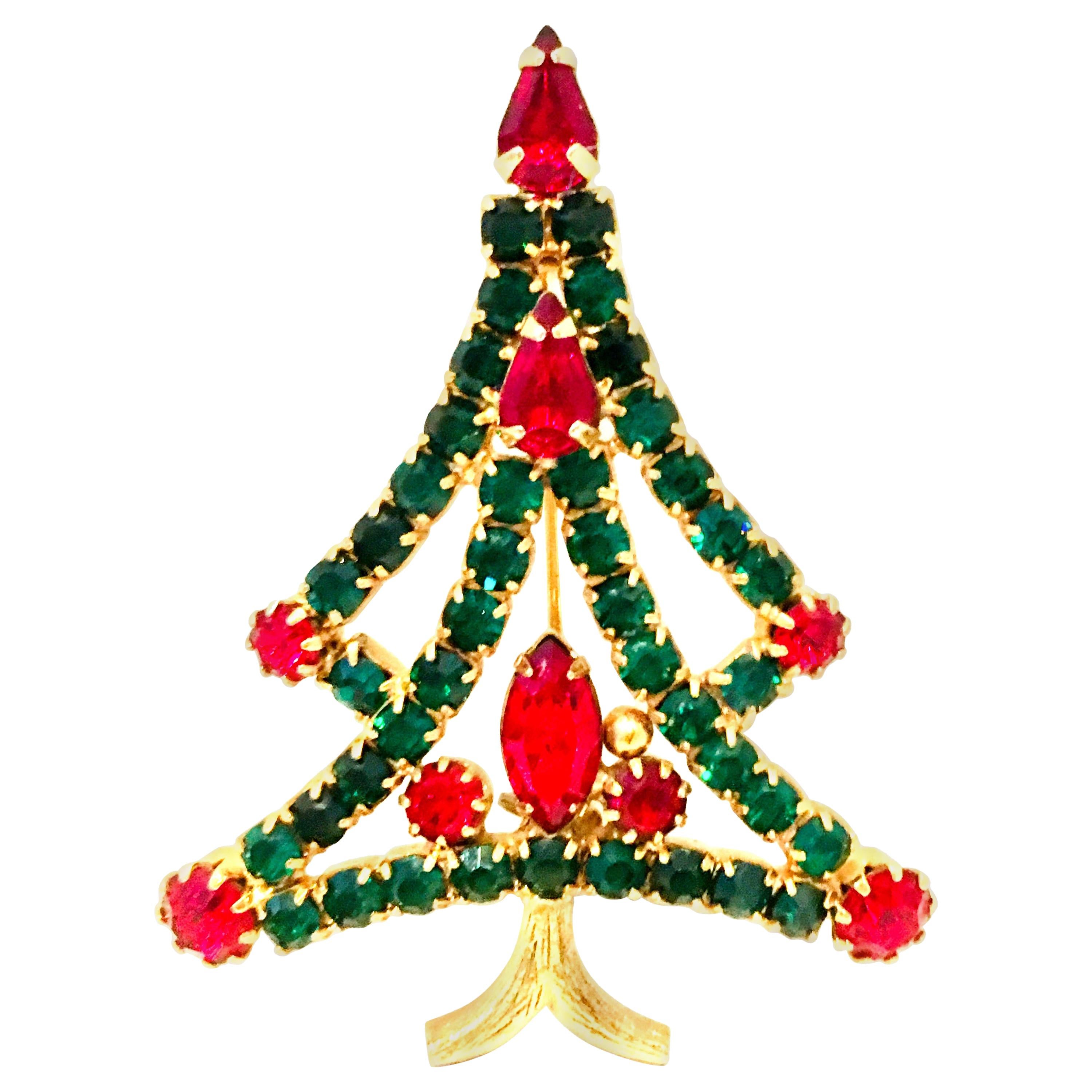 20th Century Gold & Austrian Crystal Christmas Tree Brooch For Sale
