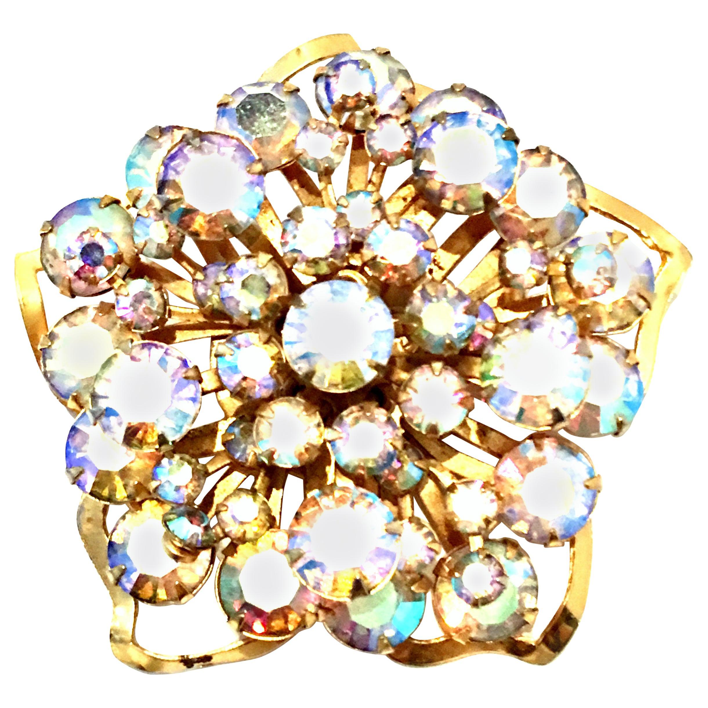 20th Century Gold & Austrian Crystal Dimensional Abstract Floral Brooch For Sale