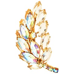20th Century Gold & Austrian Crystal Dimensional Abstract "Leaf" Brooch