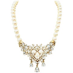 Vintage 20th Century Gold Austrian Crystal & Pearl Necklace By Matsumoto For Trifari