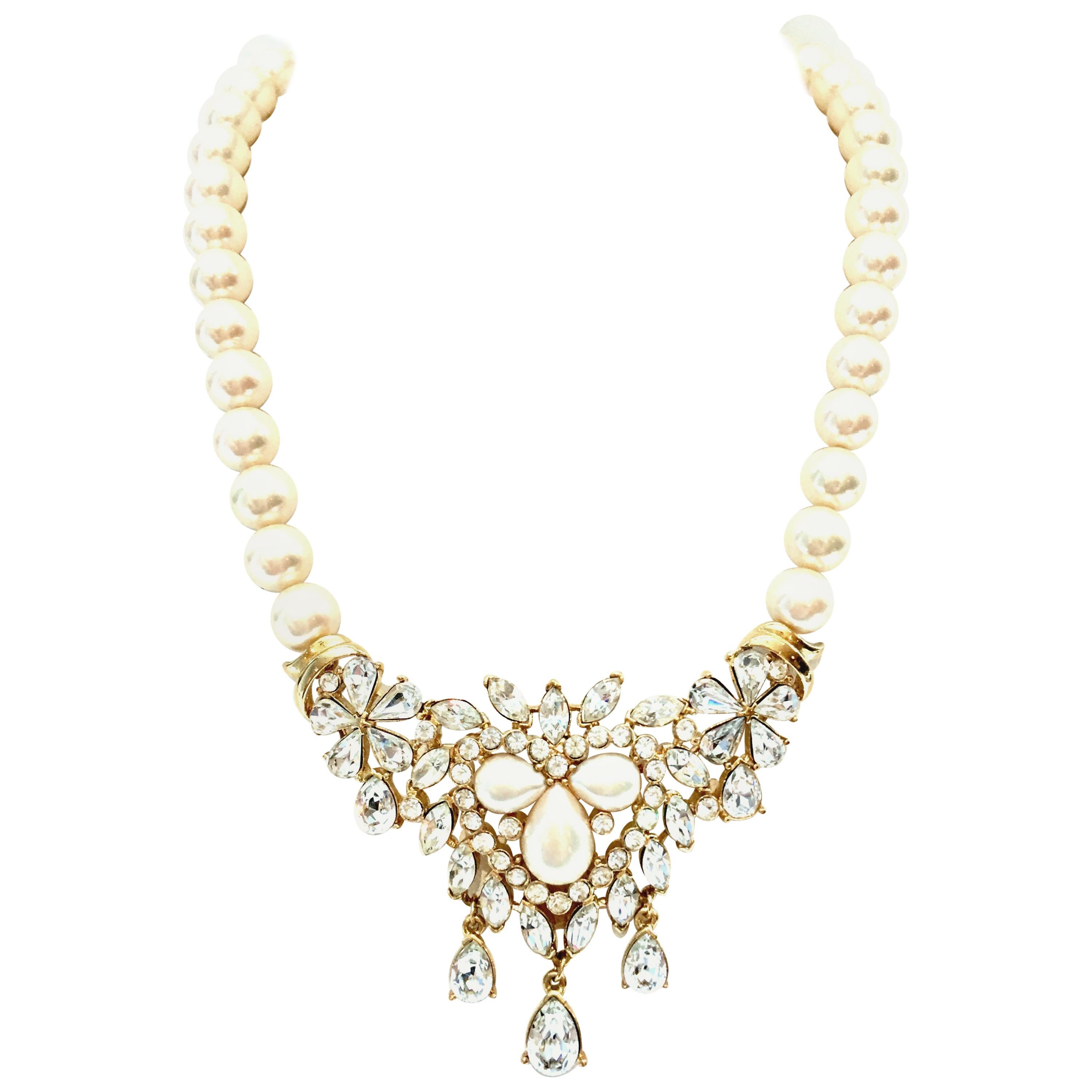 20th Century Gold Austrian Crystal & Pearl Necklace By Matsumoto For Trifari