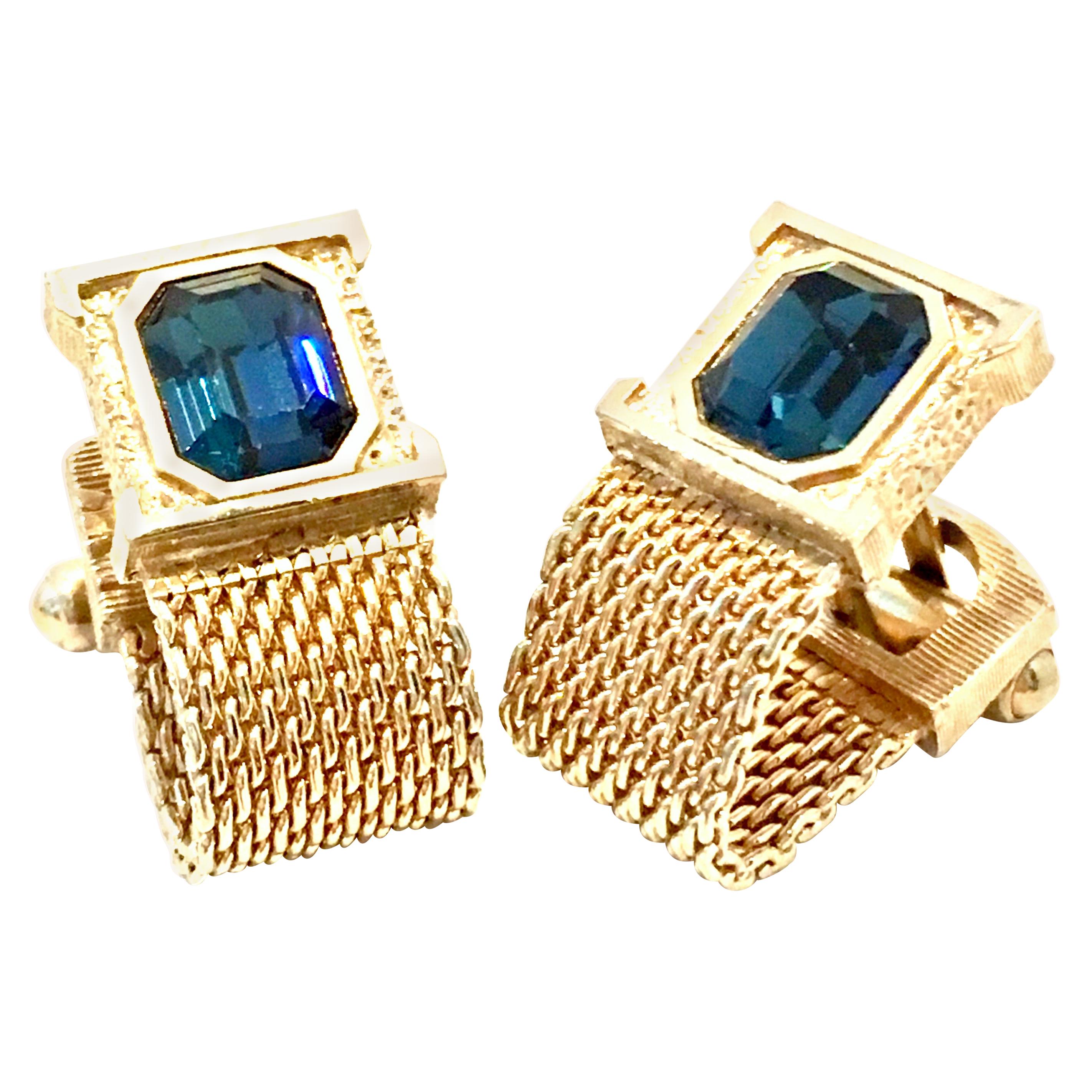 20th Century Gold & Austrian Crystal Sapphire Blue Pair Of Cufflinks By Swank
