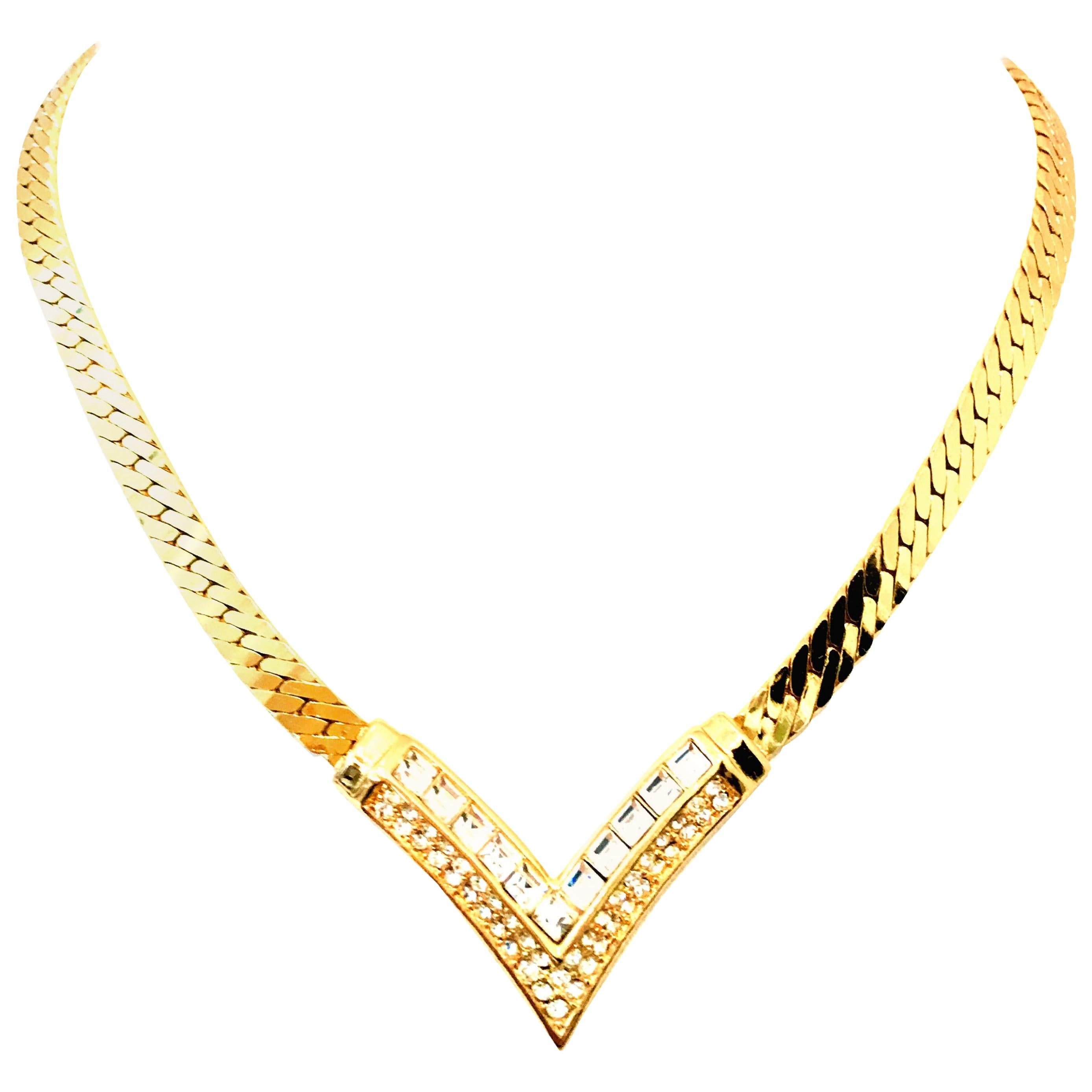 20th Century Gold & Austrian Crystal "V" Necklace by, Christian Dior For Sale