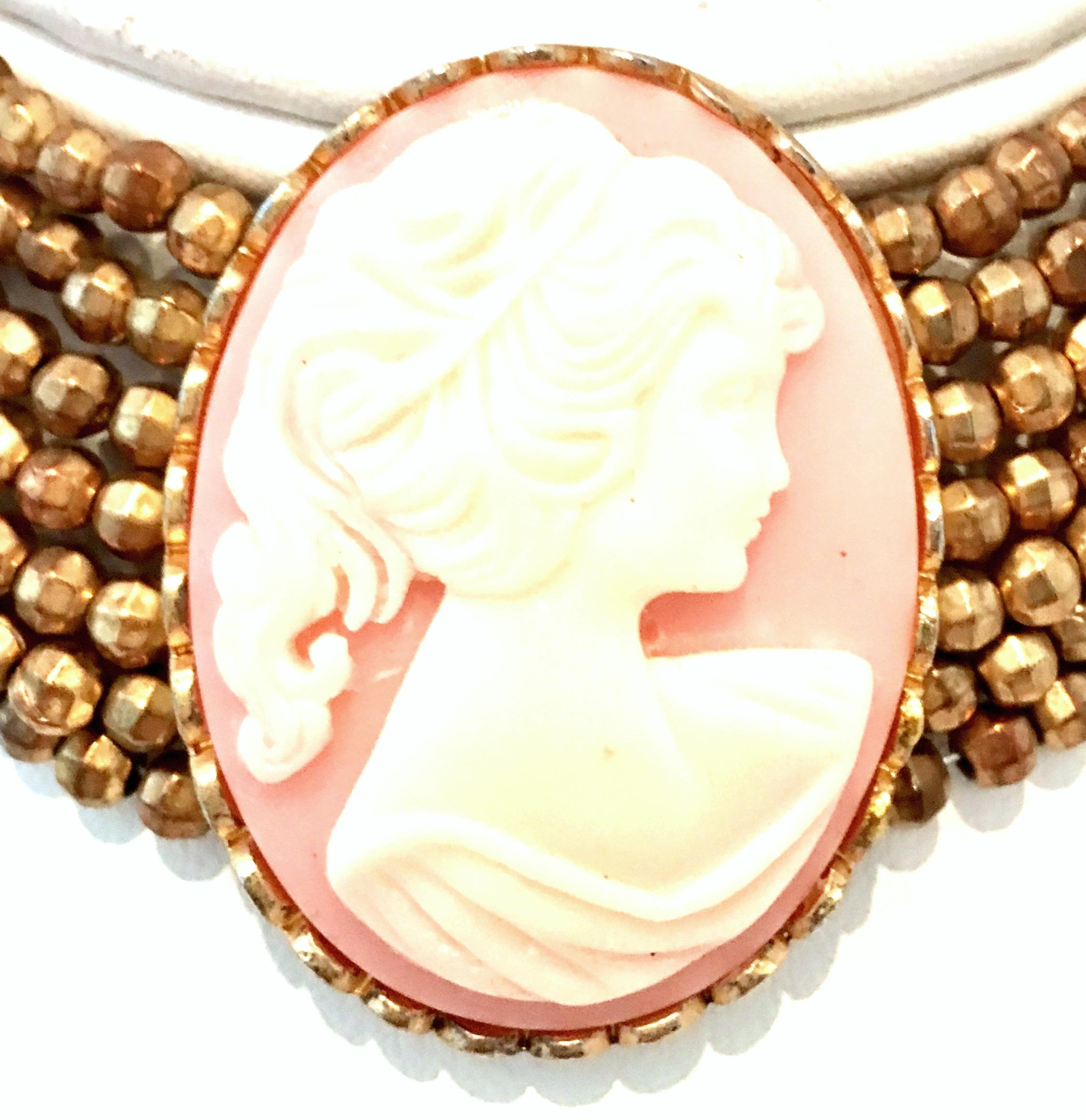 Women's or Men's 20th Century Gold Bead & Carved Lucite Cameo Choker Style Necklace For Sale