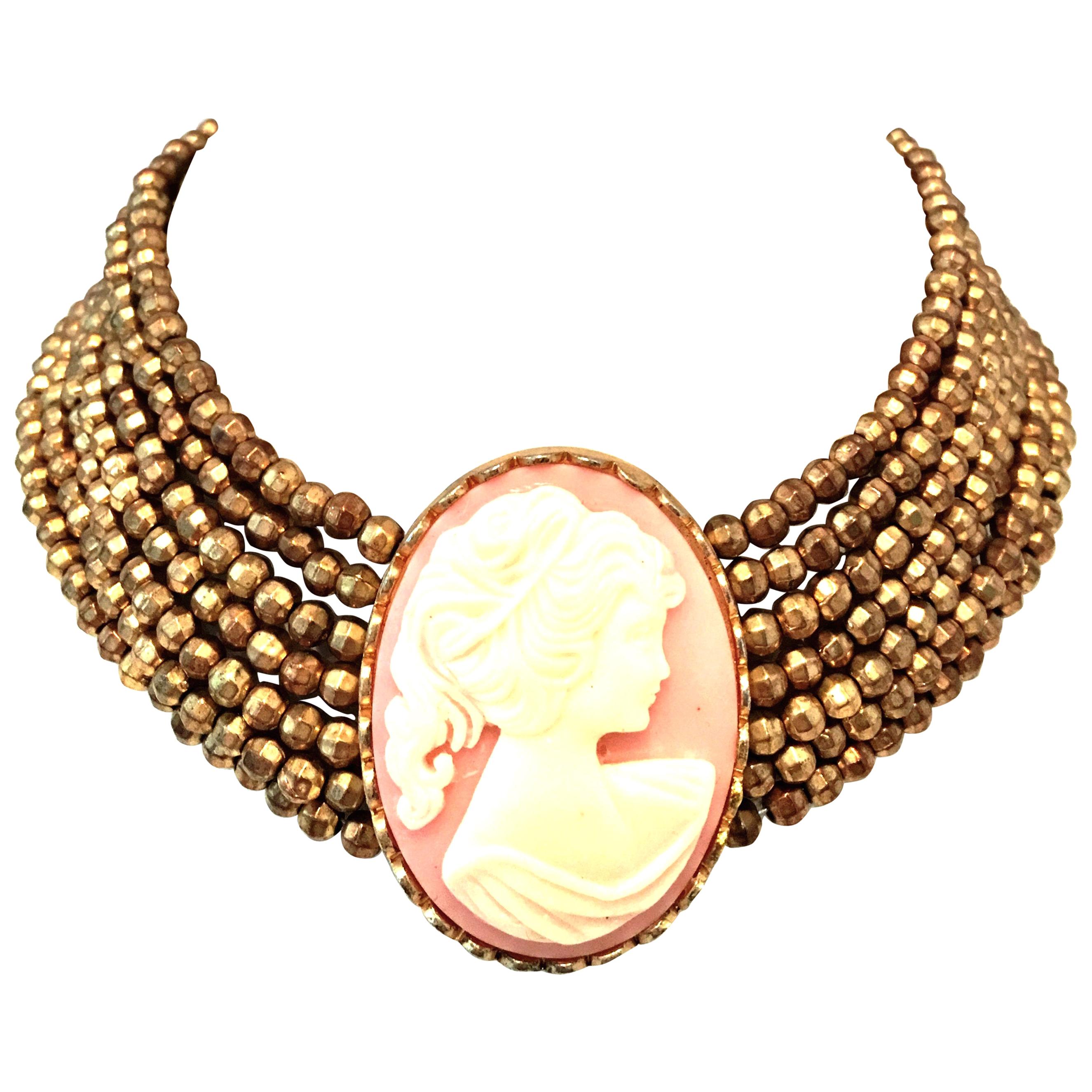 20th Century Gold Bead & Carved Lucite Cameo Choker Style Necklace For Sale