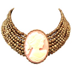 Vintage 20th Century Gold Bead & Carved Lucite Cameo Choker Style Necklace