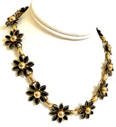 20th Century Gold & Black Enamel Dimensional Link Flower Choker Style Necklace