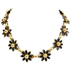 Vintage 20th Century Gold & Black Enamel Dimensional Link Flower Choker Style Necklace