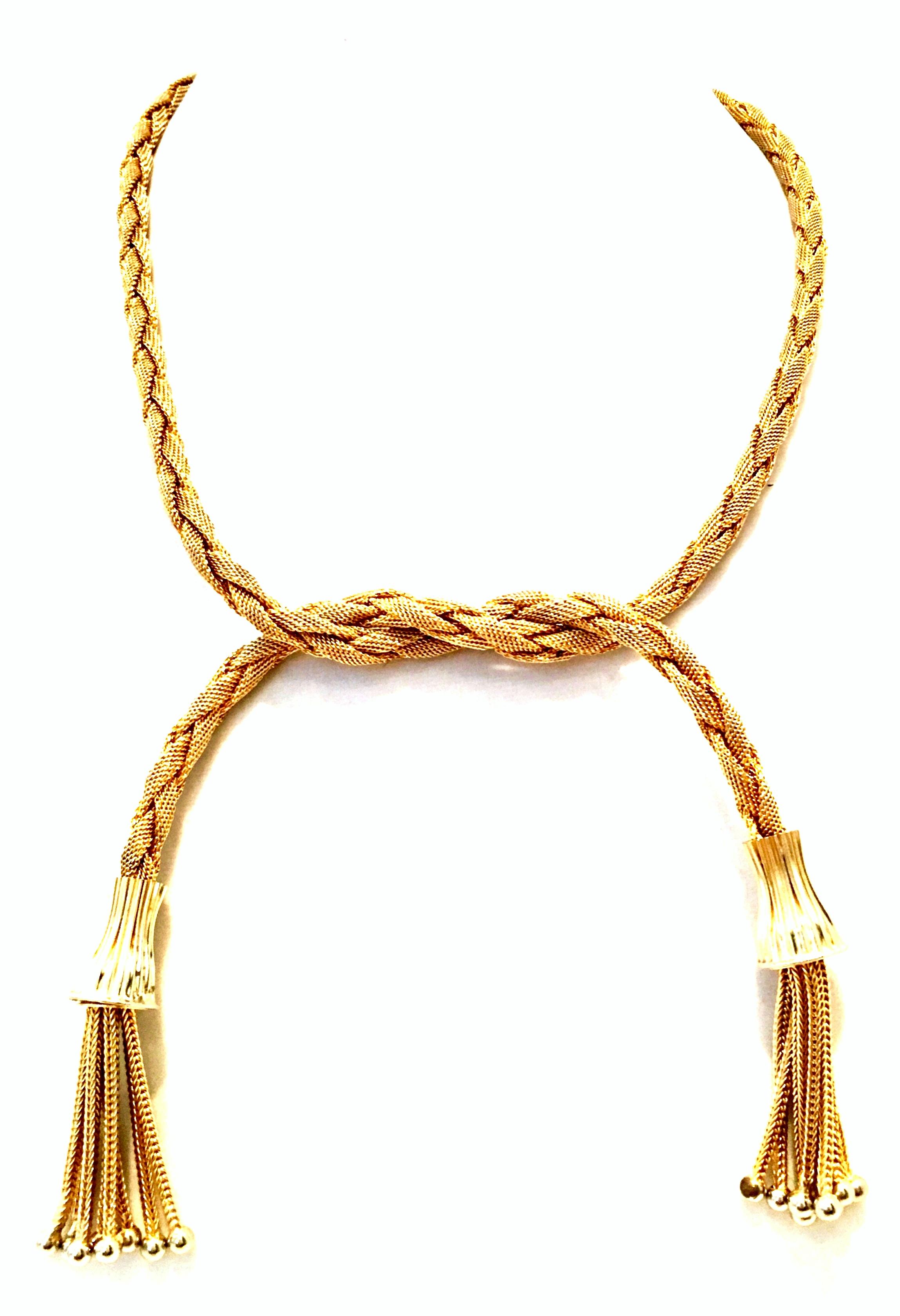 20th Century Gold Plate Braided Rope & Tassel Fringe Sautoir Style Necklace. This open end necklace can be worn in several different ways, from a choker to a longer necklace. 