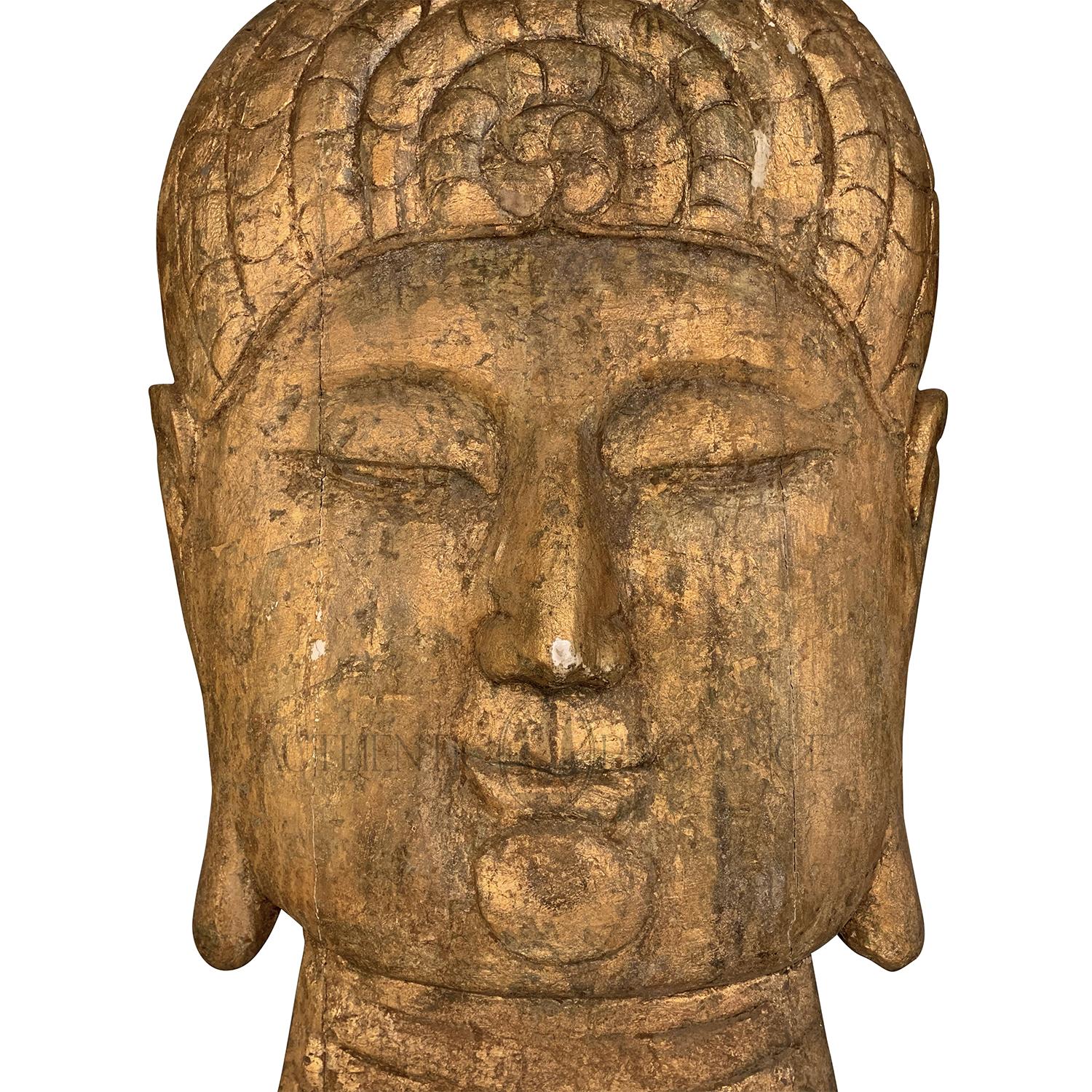 Art Deco 20th Century Gold-Brown Asian Oversized Tropical Wood Buddha Head, Wall Décor For Sale