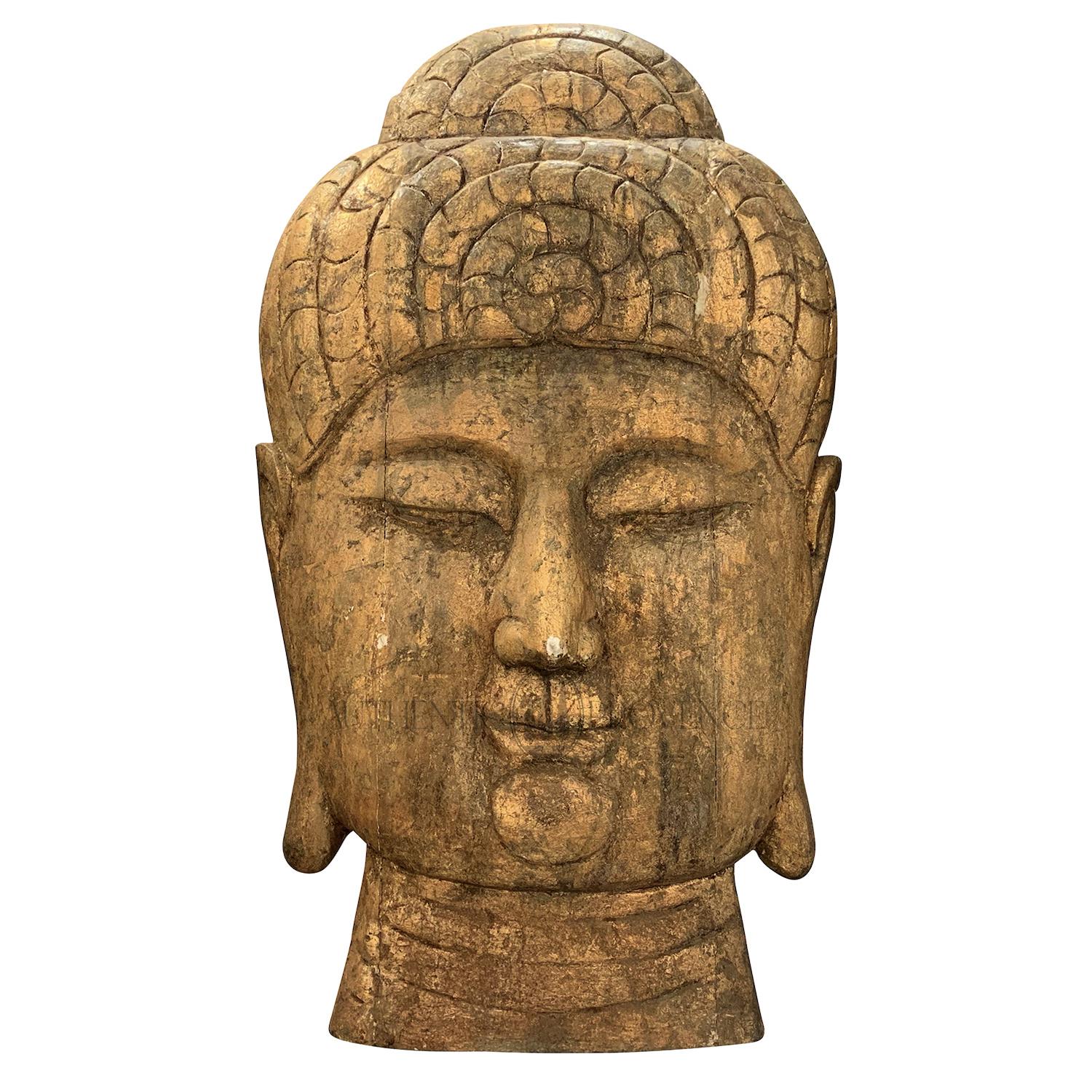 Burmese 20th Century Gold-Brown Asian Oversized Tropical Wood Buddha Head, Wall Décor For Sale