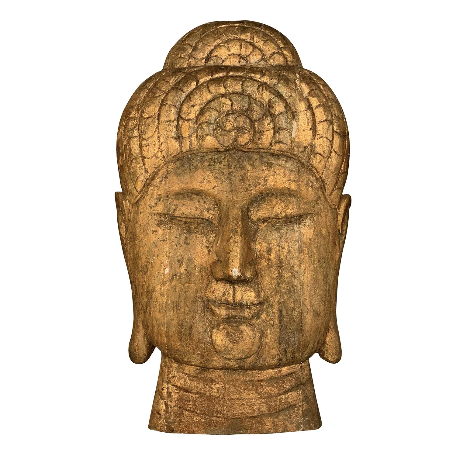 Tête de Bouddha asiatique en bois tropical surdimensionné or-brun du 20e siècle, décoration murale en vente