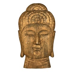 20th Century Gold-Brown Asian Oversized Tropical Wood Buddha Head, Wall Décor