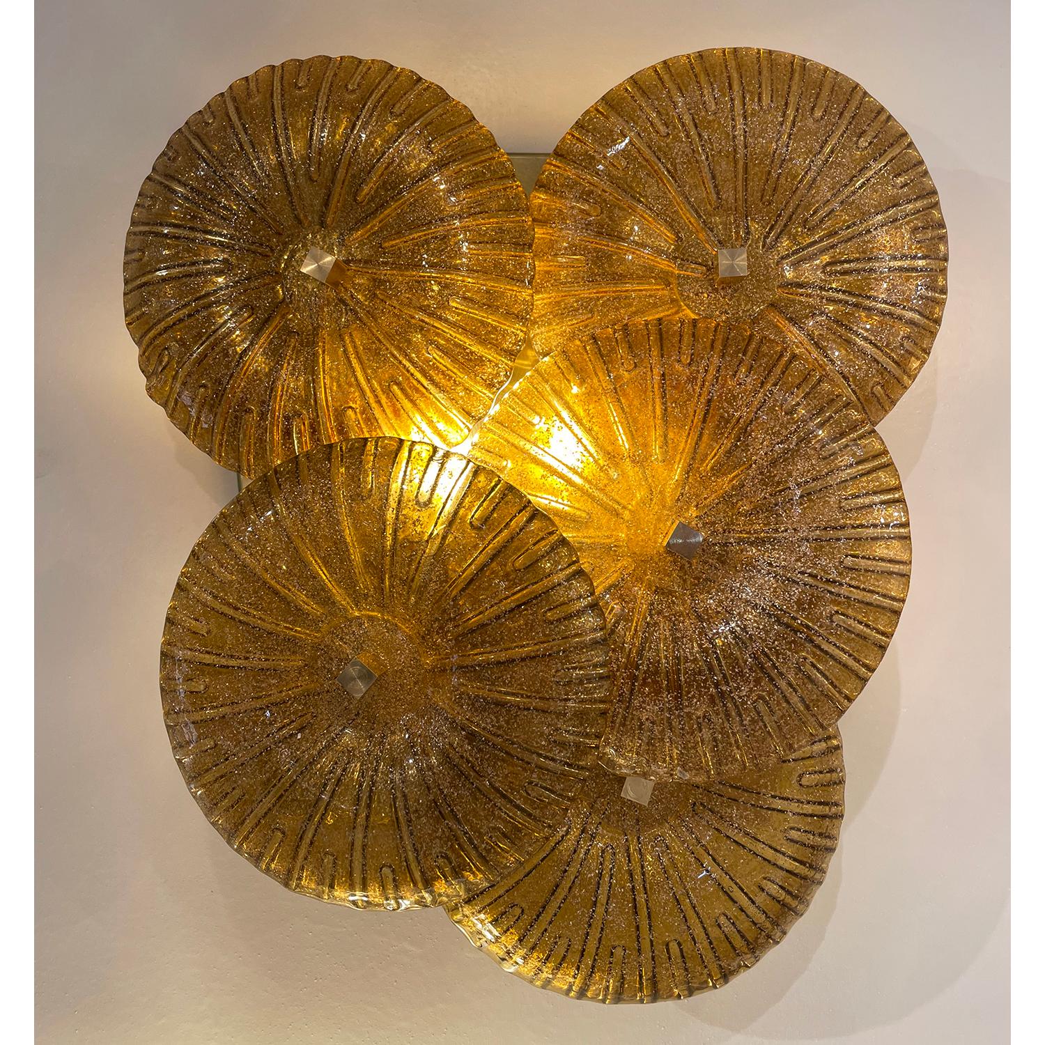 20th Century Gold-Brown Italian Pair of Smoked Murano Glass Discs Wall Appliques For Sale 2