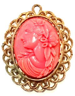 20th Century Gold & Carved Lucite Pink Coral Cameo Necklace Pendant