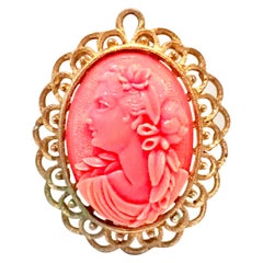 Vintage 20th Century Gold & Carved Lucite Pink Coral Cameo Necklace Pendant