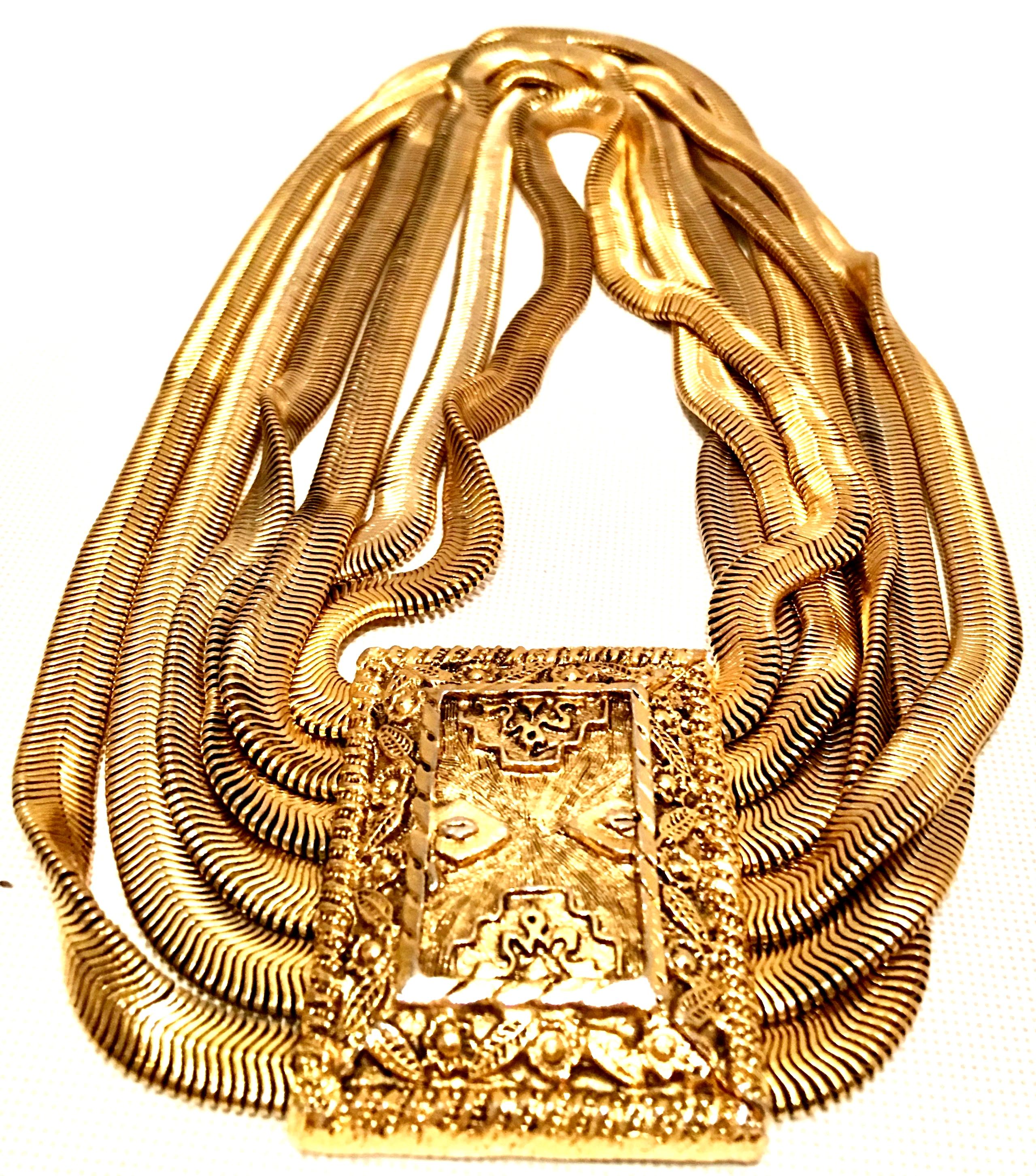 20th Century Gold Plate Six Strand Etruscan Style Choker Necklace By, Les Bernard. This Magnificat, coveted, rare piece features, six strands of 