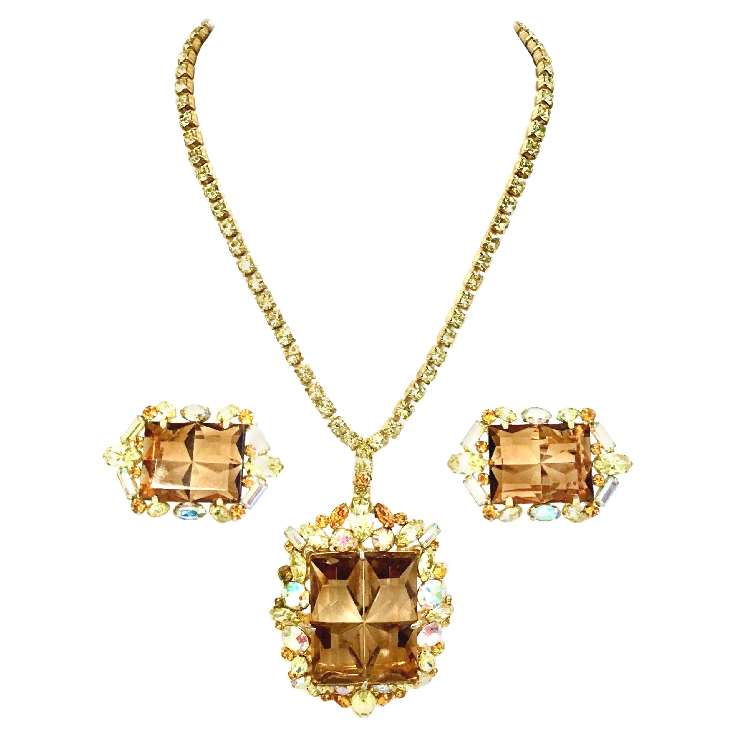 20th Century Gold, Crystal & Glass Demi Parure Necklace & Earrings S/4 For Sale