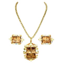 20th Century Gold, Crystal & Glass Demi Parure Necklace & Earrings S/4