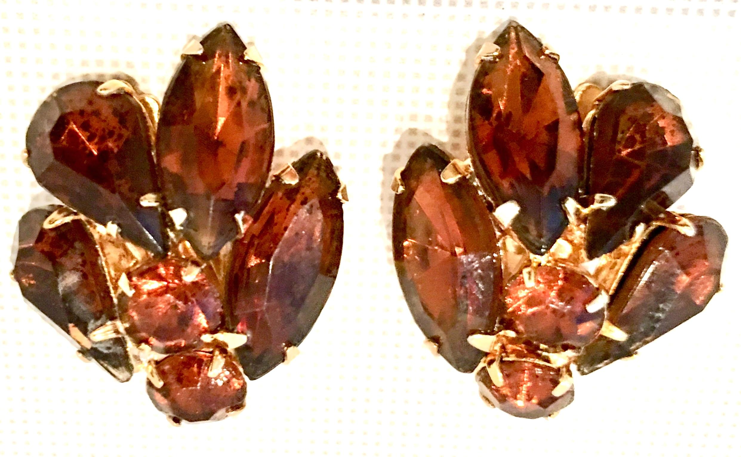 20th Century Gold Plate & Prong Set Cut And Faceted Amber Abstract Floral Clip Style Earrings.