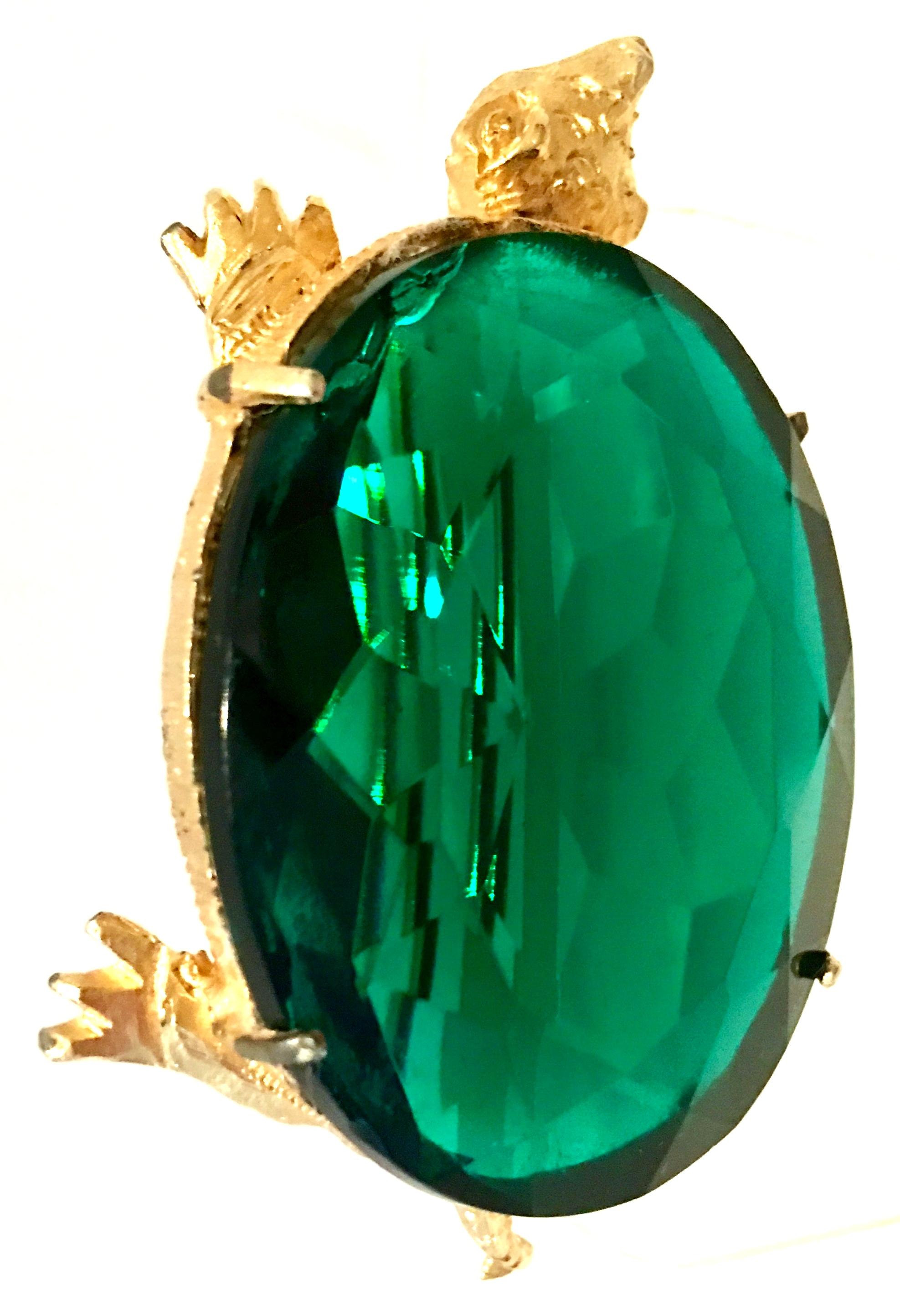 20th Century Gold Plate & Emerald Cut And Faceted Glass Prong Set Turtle Brooch-Signed. with a patent number. The brilliant cut and faceted emerald glass stone is approximately 1.65
