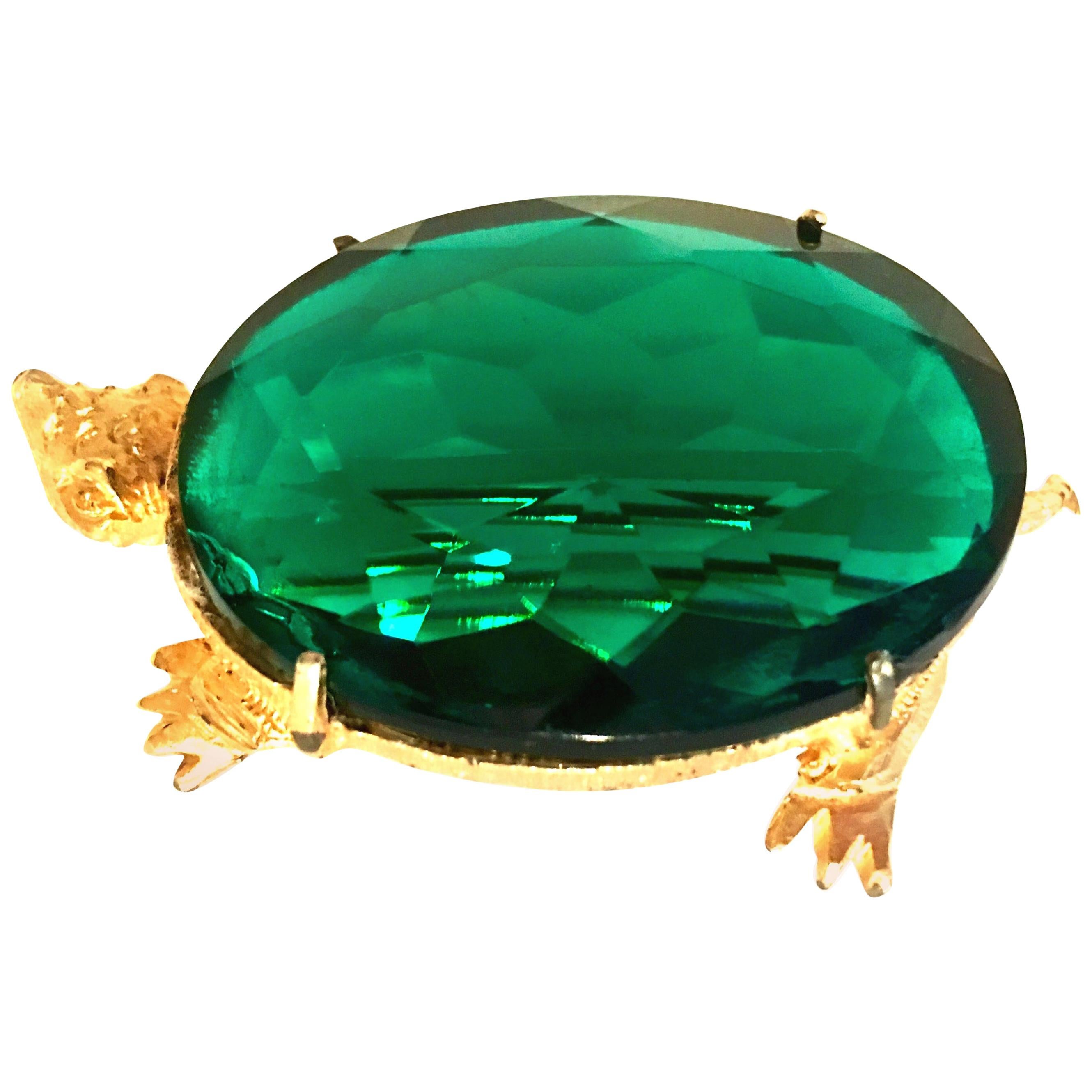 20th Century Gold & Emerald Glass Turtle Brooch For Sale