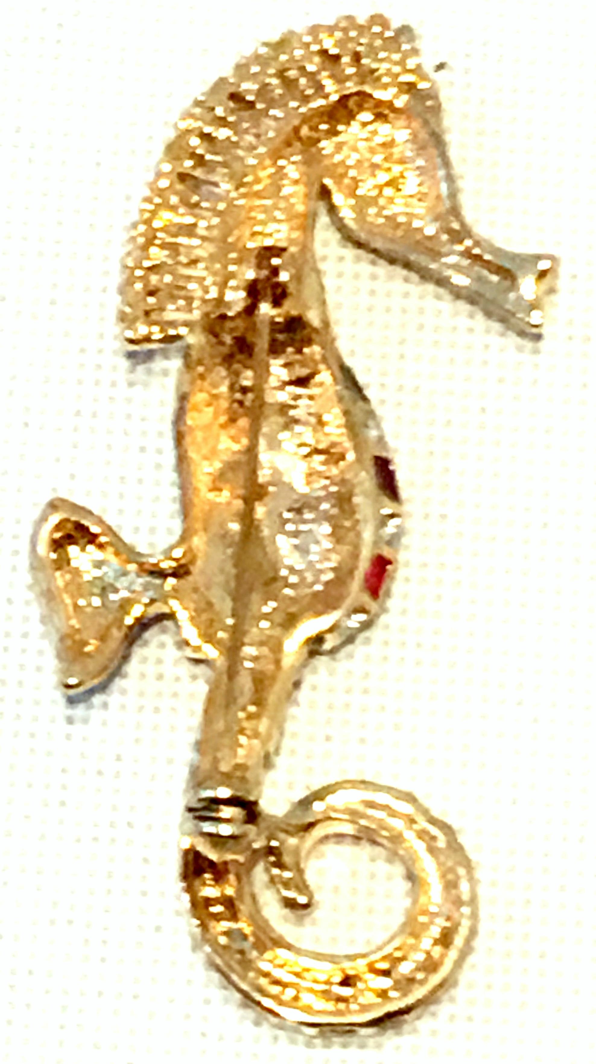 20th Century Gold Enamel & Austrian Crystal Seahorse Brooch For Sale 6