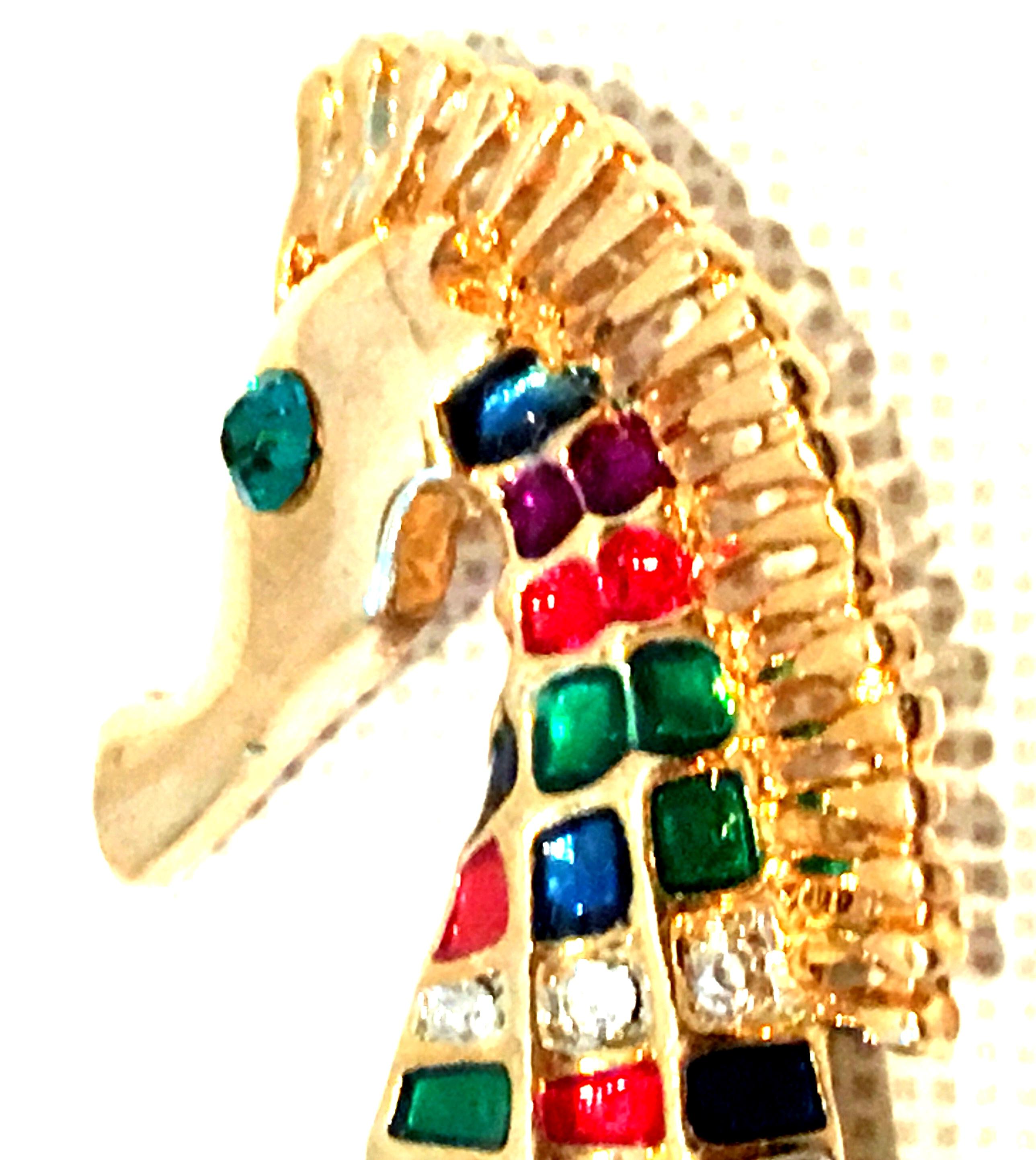 20th Century Gold Enamel & Austrian Crystal Seahorse Brooch For Sale 2