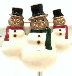 20th Century Gold, Enamel & Austrian Crystal Triple Snowman Brooch By, LIA