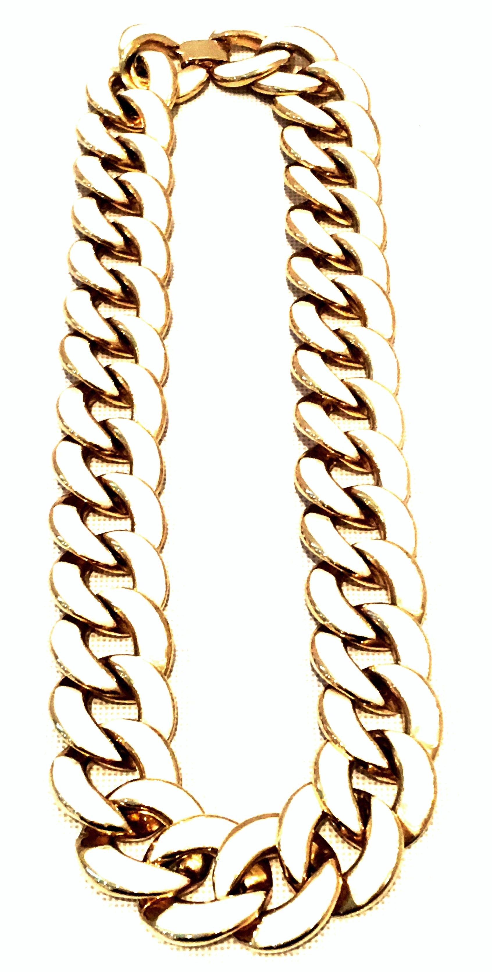 20th Century Gold Plate & Ivory Enamel Chain Link Choker Style Necklace By, Les Bernard. Signed on the underside of the fold over box style locking clasp, Les Bernard.