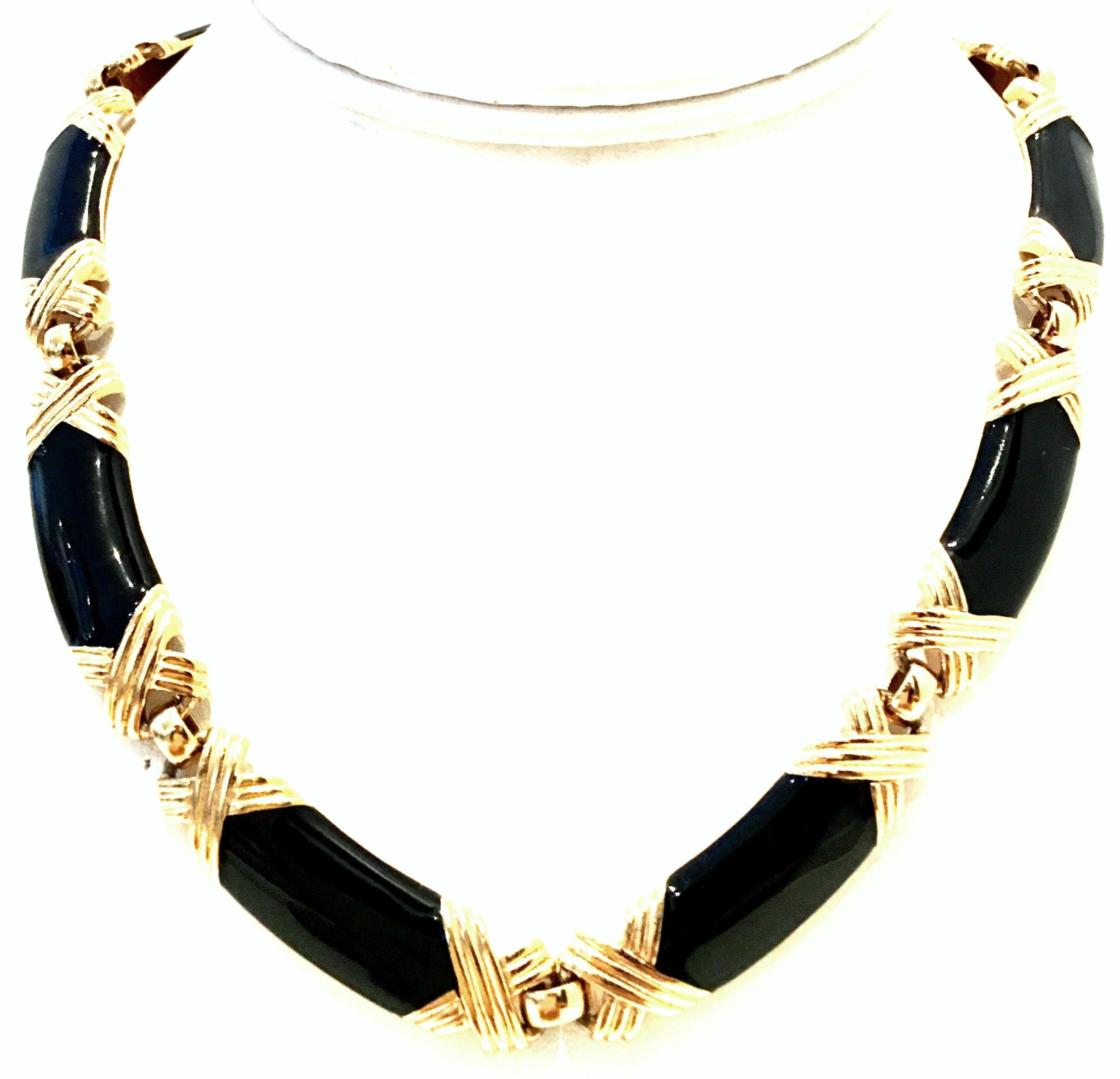 20th Century Gold Plate & Black Enamel Chain Link Choker Style Necklace By, Monet.  Features an 