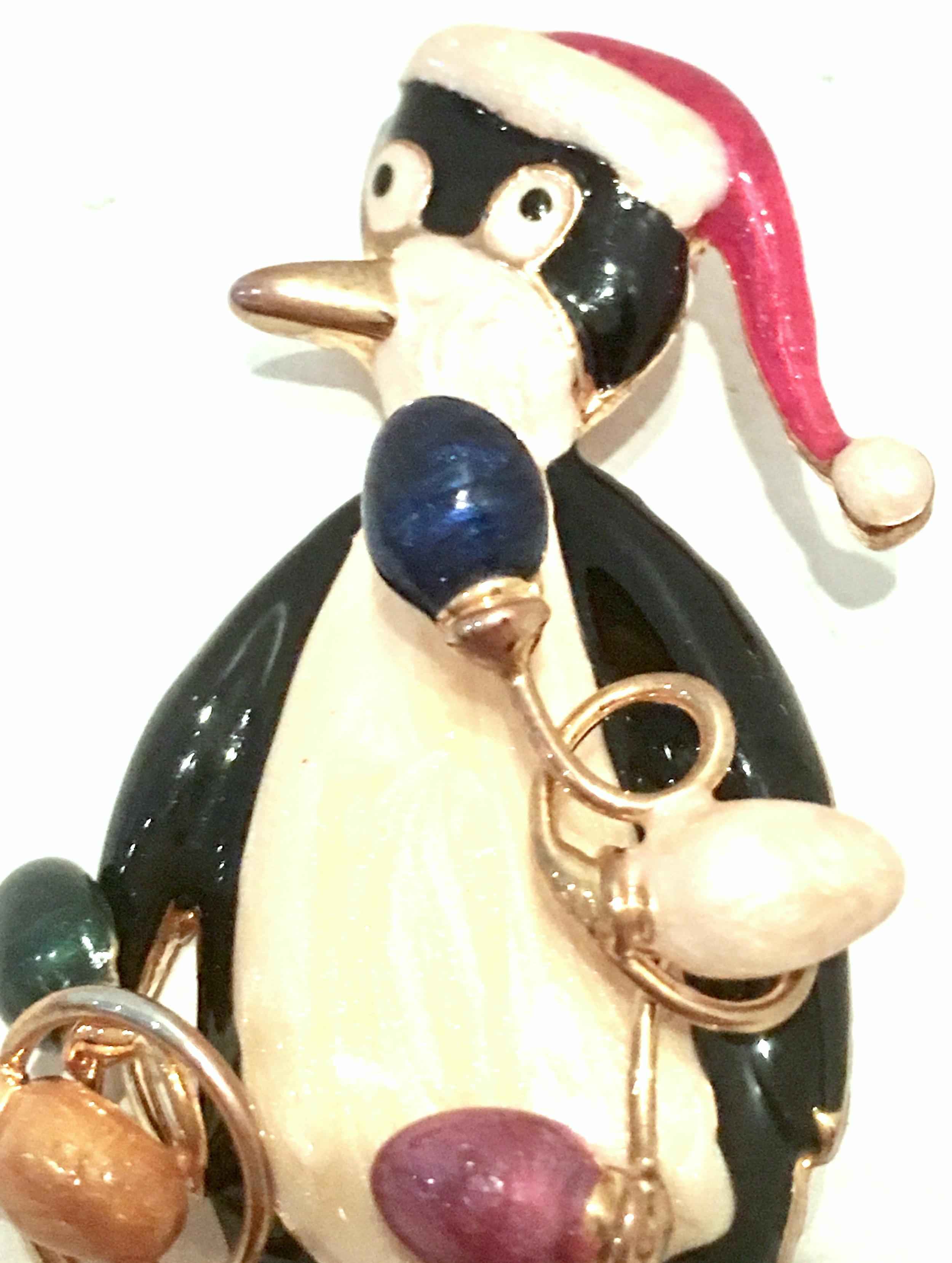 Women's or Men's 20th Century Gold & Enamel Christmas Penguin Brooch By, TC For Sale
