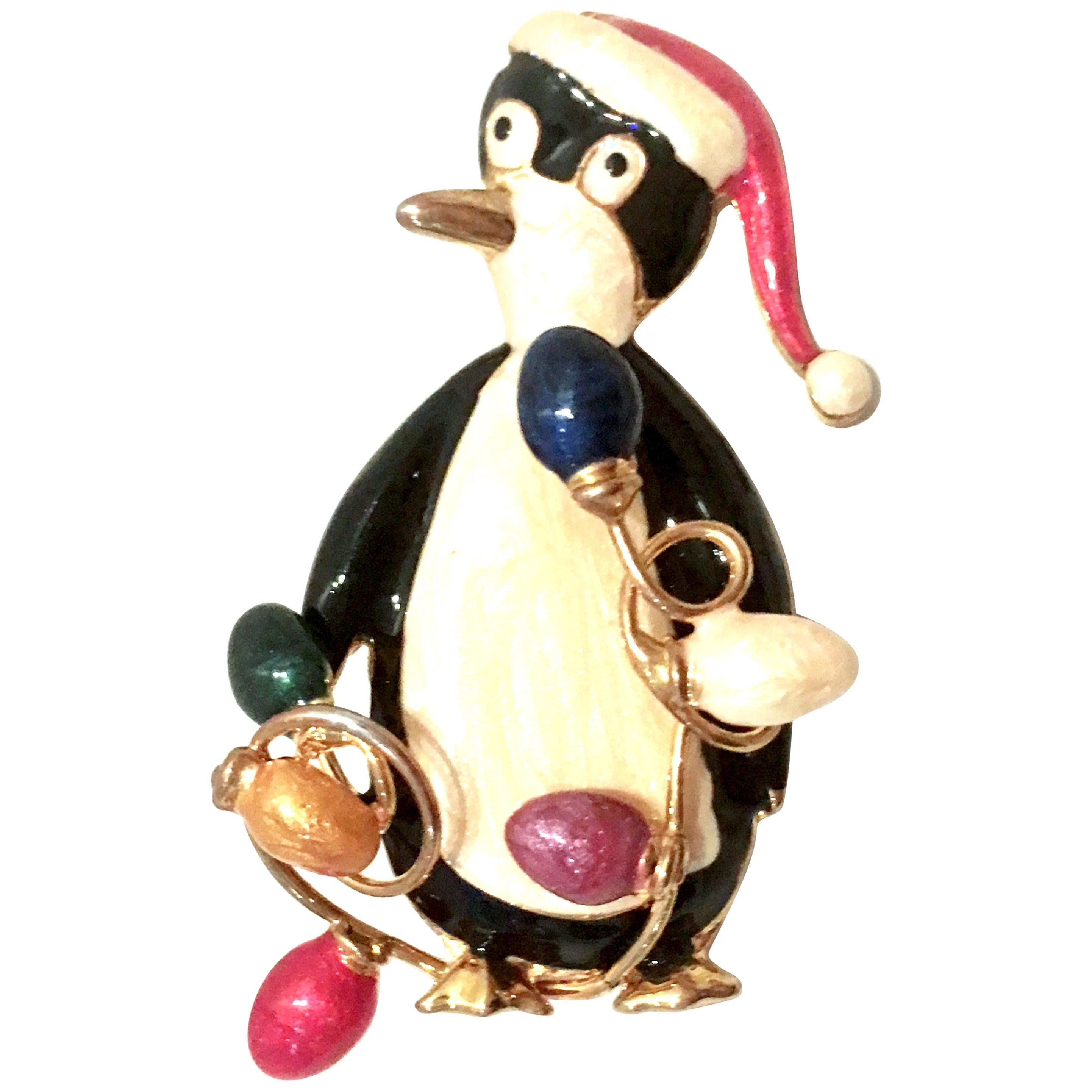 20th Century Gold & Enamel Christmas Penguin Brooch By, TC For Sale