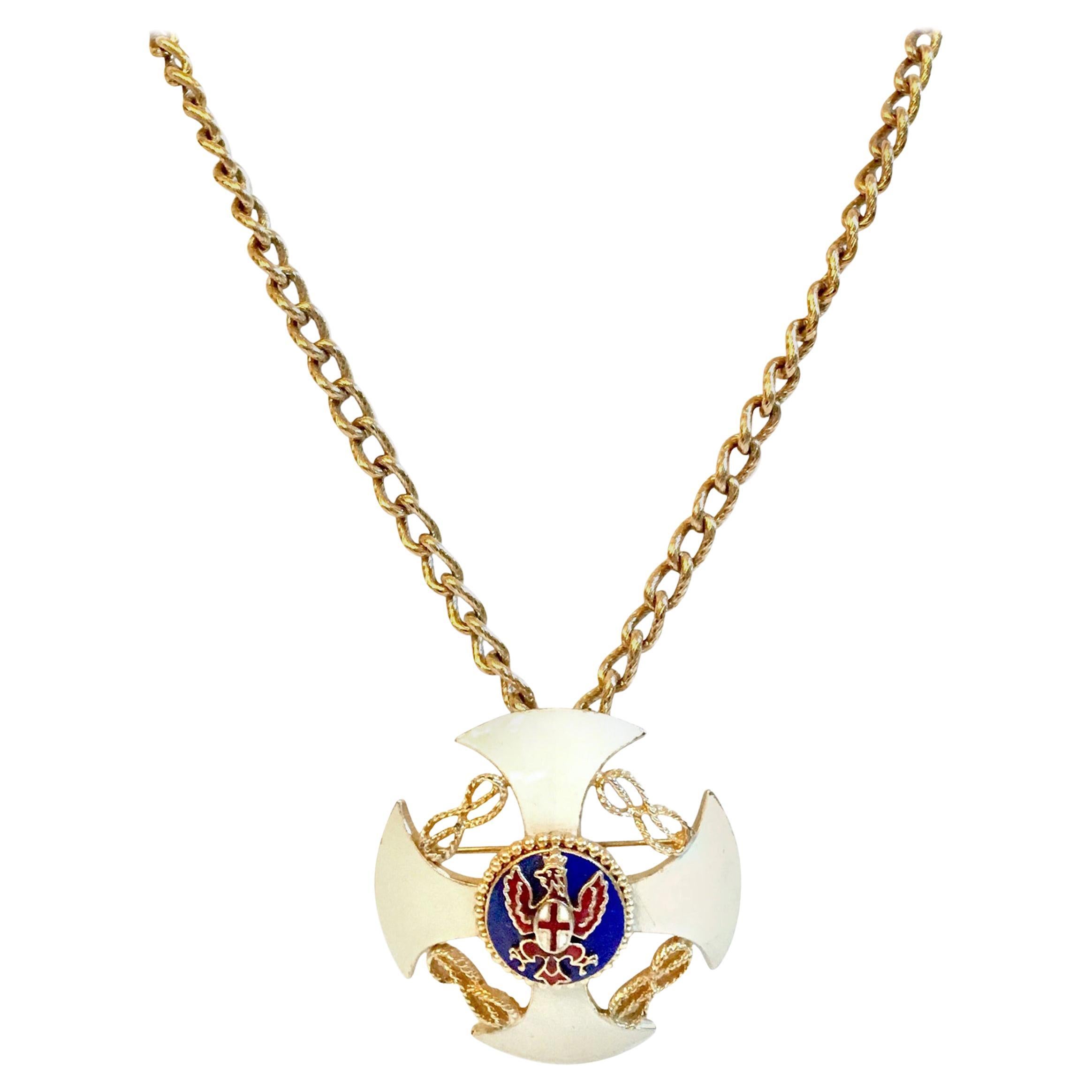 20th Century Gold & Enamel Crest Cross Brooch &Pendant Necklace By, Monet For Sale