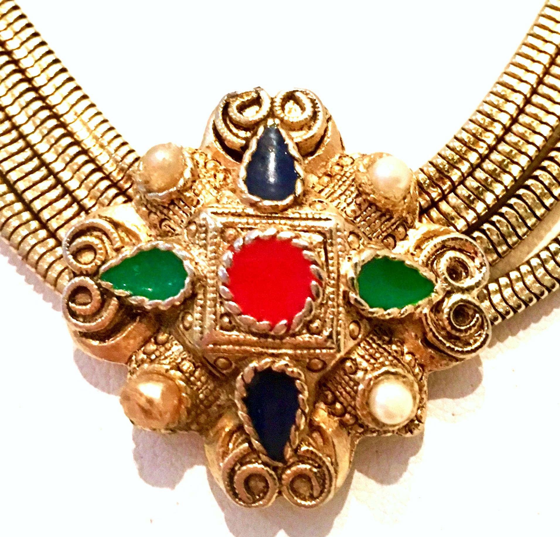 Women's or Men's 20th Century Gold, Enamel & Faux Pearl Etruscan Style Choker Necklace