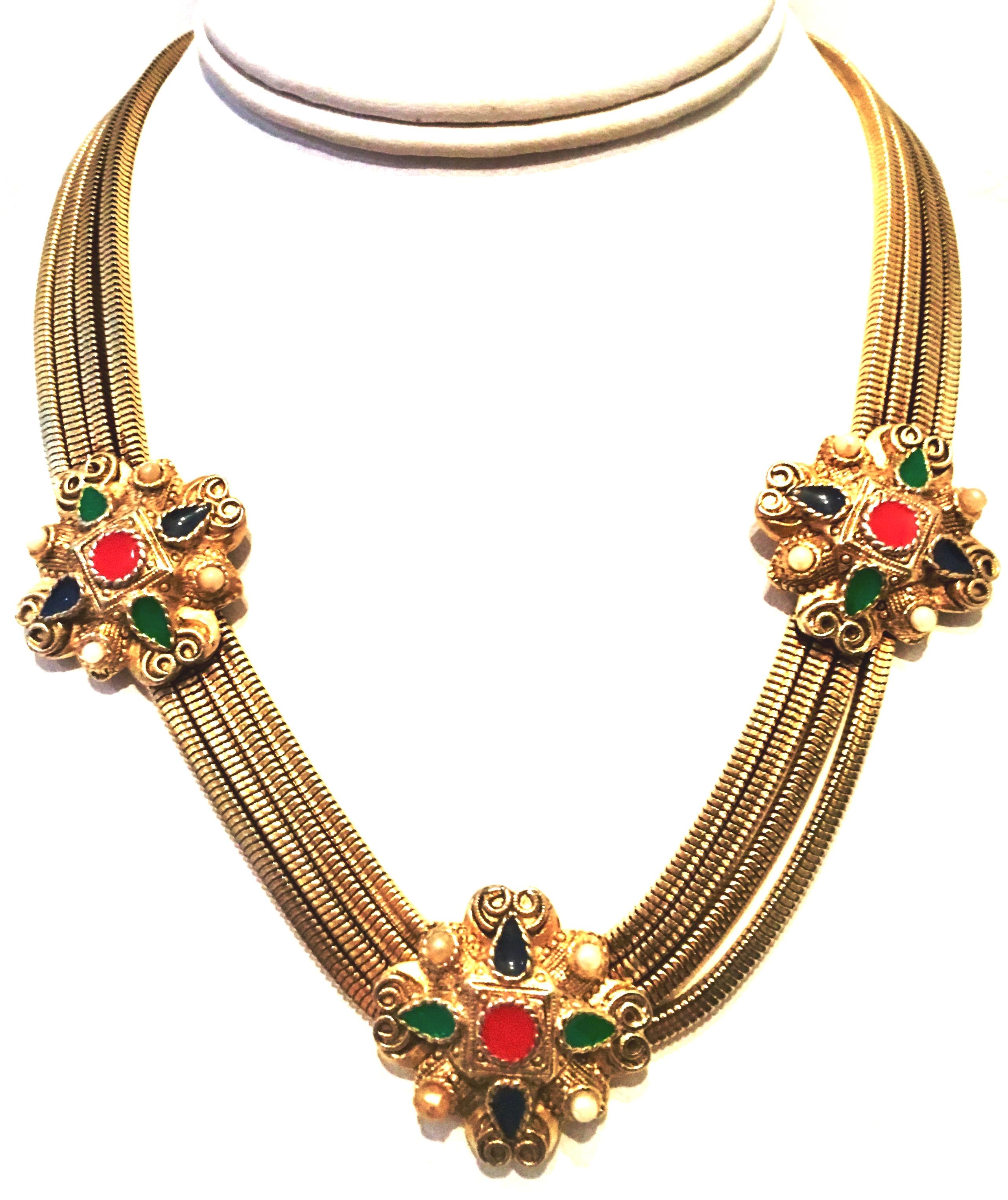 20th Century Etruscan Style Gold Plate Four Strand Snake Chain & Ornamental Choker Style Necklace.
This unique piece features four strands of gold plate snake style chain with three applied 1.25
