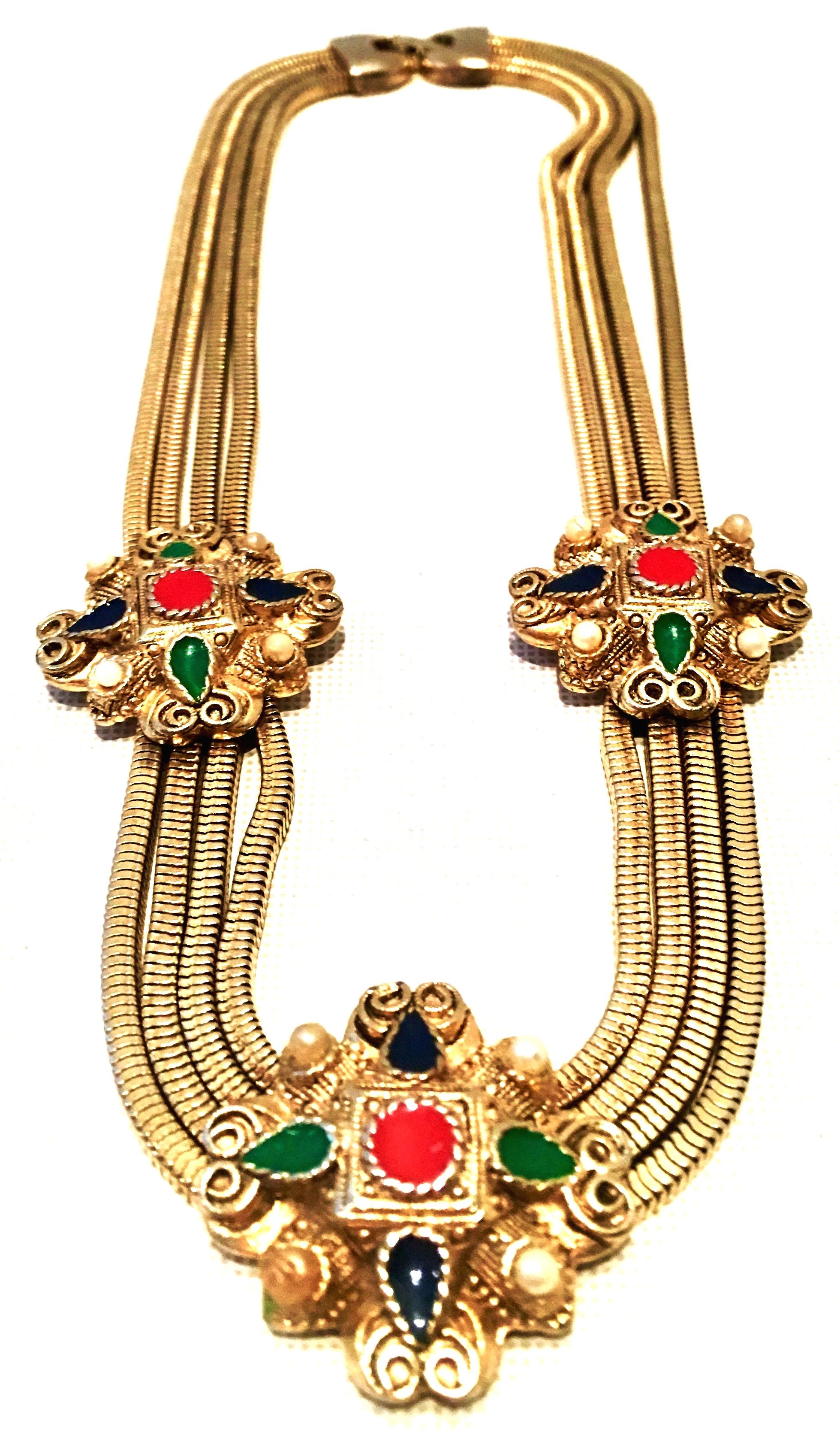 20th Century Etruscan Style Gold Plate Four Strand Snake Chain & Ornamental Choker Style Necklace.
This unique piece features four strands of gold plate snake style chain with three applied 1.25
