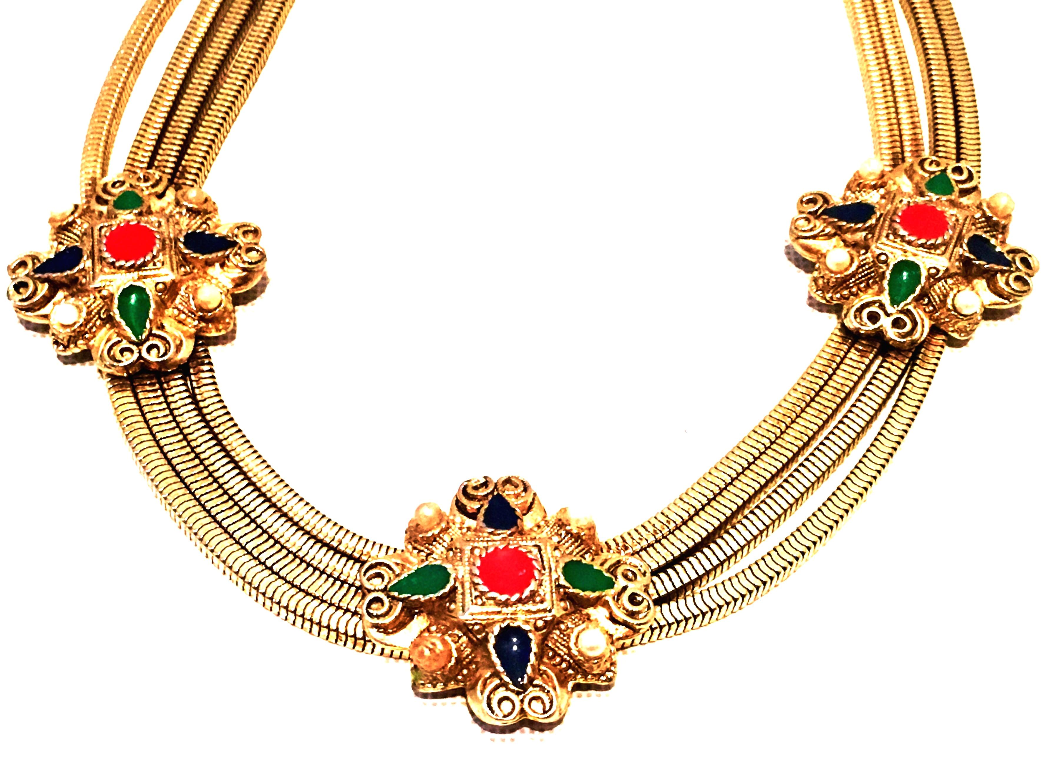 Etruscan Revival 20th Century Gold, Enamel & Faux Pearl Etruscan Style Choker Necklace For Sale