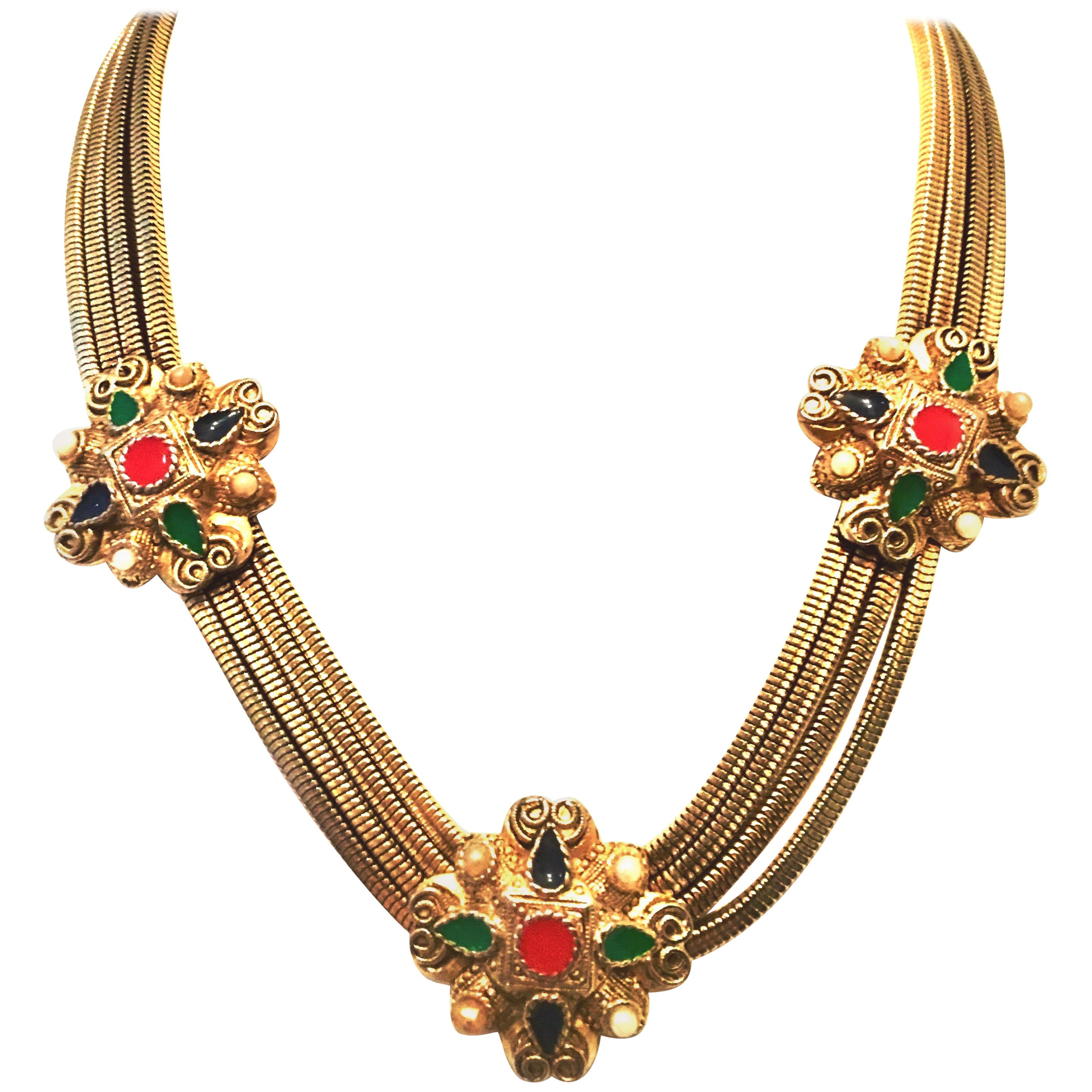 20th Century Gold, Enamel & Faux Pearl Etruscan Style Choker Necklace For Sale