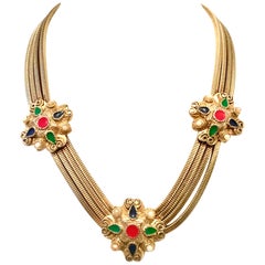 20th Century Gold, Enamel & Faux Pearl Etruscan Style Choker Necklace