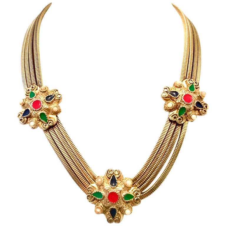 20th Century Gold, Enamel and Faux Pearl Etruscan Style Choker Necklace ...