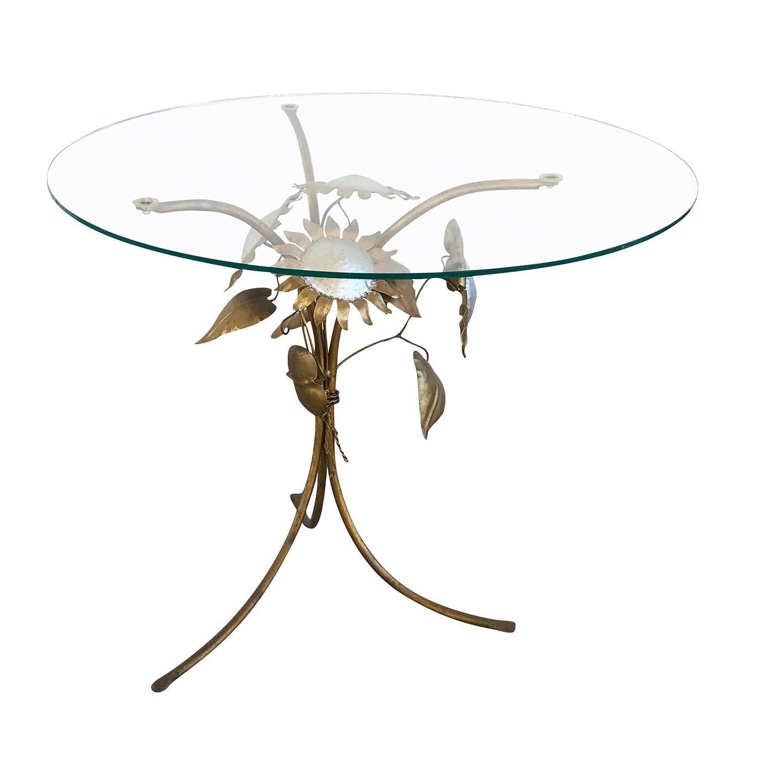 Hand-Crafted 20th Century Gold European Brass Sunflower Side Table, Vintage Glass Sofa Table For Sale