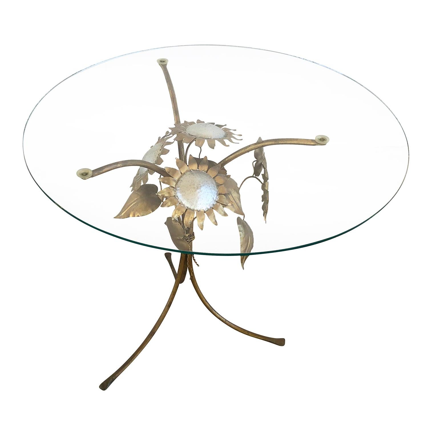 20th Century Gold European Brass Sunflower Side Table, Vintage Glass Sofa Table In Good Condition For Sale In West Palm Beach, FL