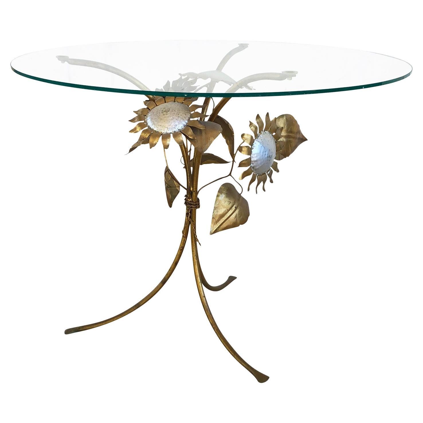 20th Century Gold European Brass Sunflower Side Table, Vintage Glass Sofa Table