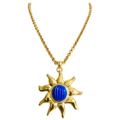 20th Century Gold & Faux Blue Lapis "Starburst" Pendant Necklace By, Monet
