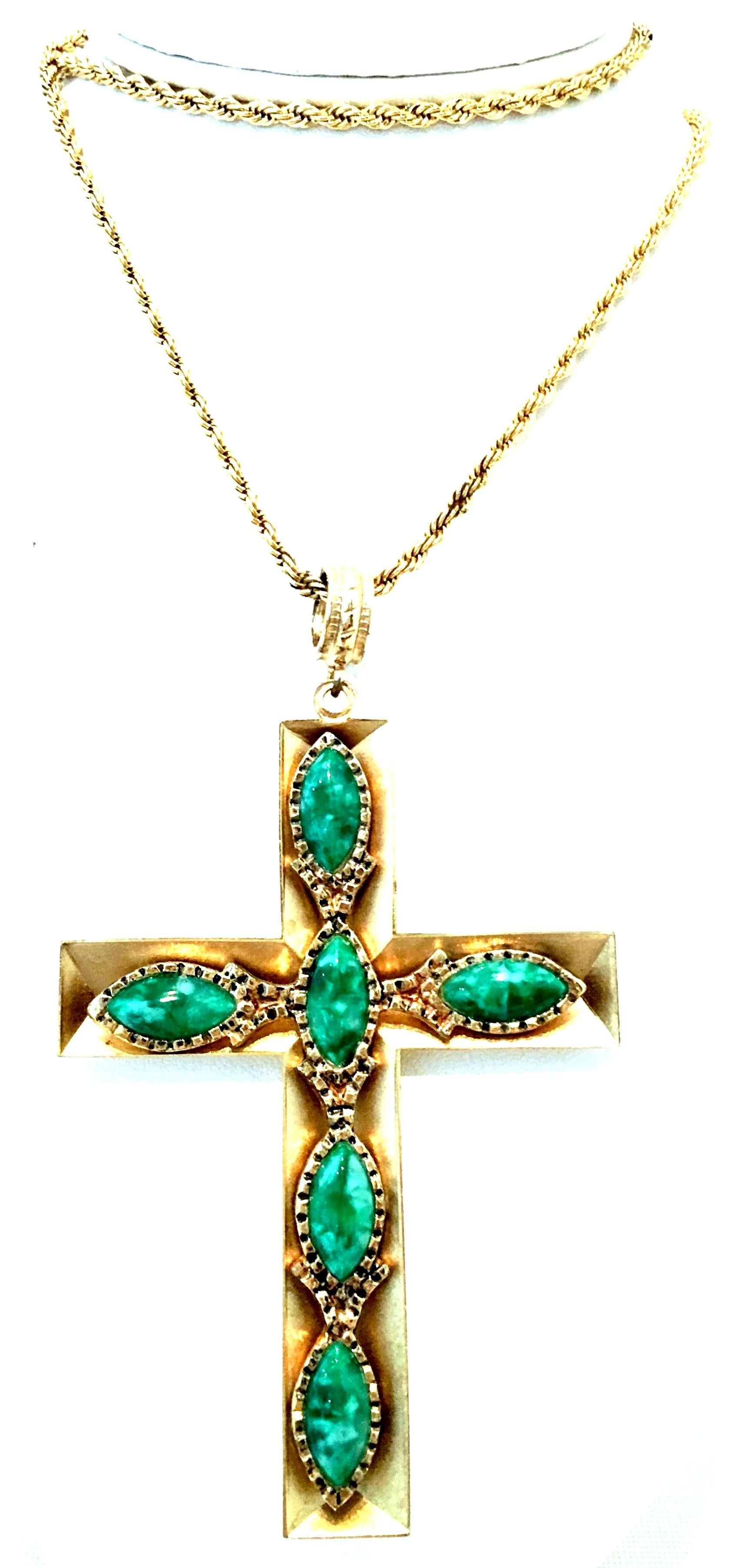 20th Century Gold & Faux Malachite Crucifix Pendant Necklace By, Trifari In Good Condition For Sale In West Palm Beach, FL
