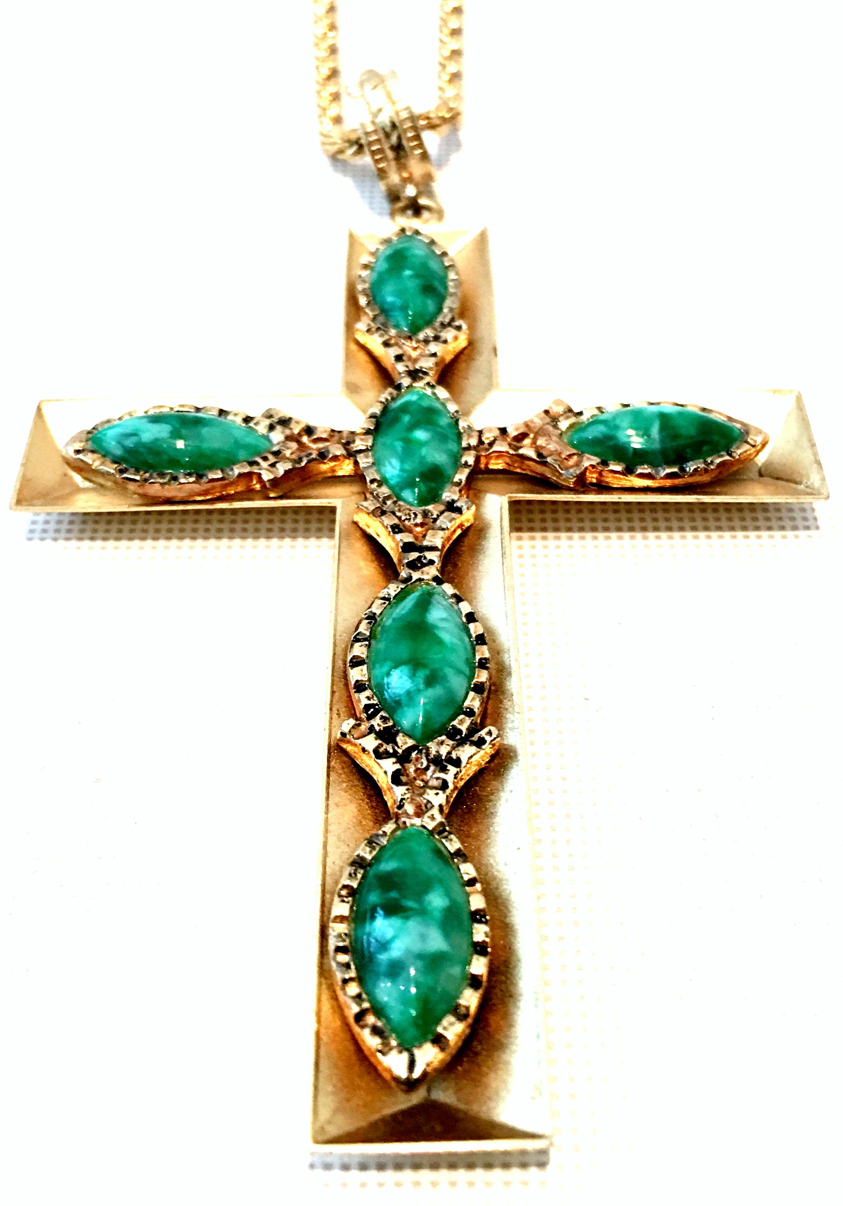 Women's or Men's 20th Century Gold & Faux Malachite Crucifix Pendant Necklace By, Trifari